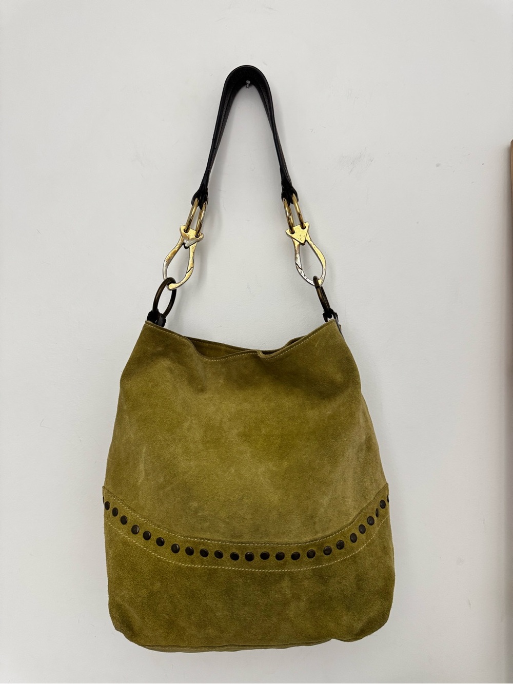 Maurizio Taiuti Olive Suede Shoulder Hobo with Gold Hardware